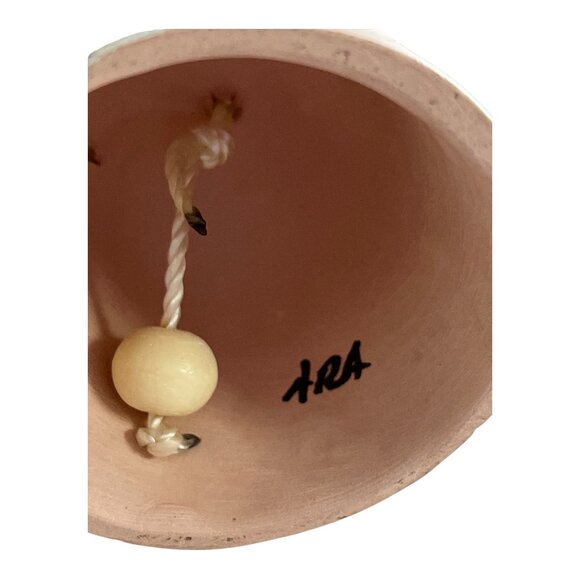 Hand-Painted Pueblo Clay Bell with Turquoise Accent & Feathers Signed ARA – New - Picture 4 of 4